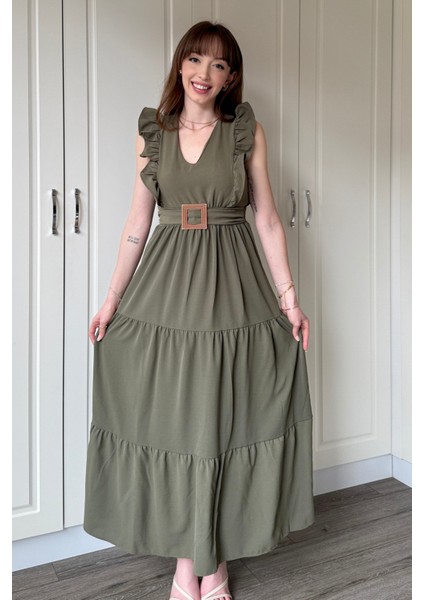 Haki Kol Fırfırlı Yırtmaçlı Uzun Elbise