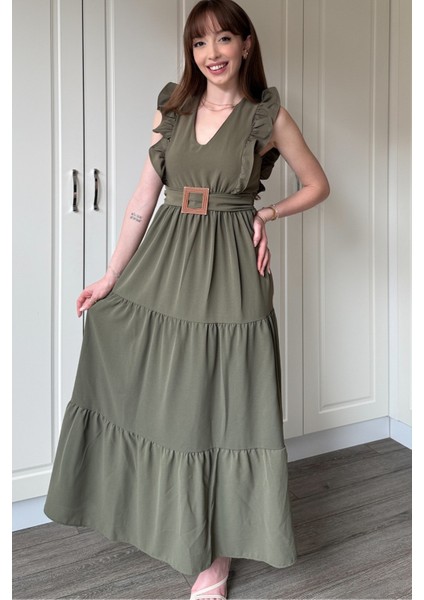 Haki Kol Fırfırlı Yırtmaçlı Uzun Elbise