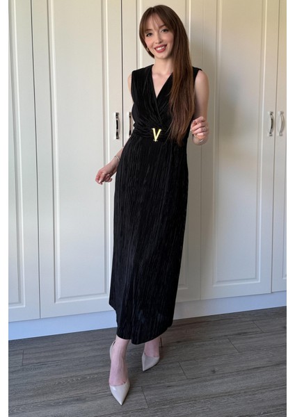 Kruvaze Yaka Krinkıl Midi Tokalı Siyah Elbise