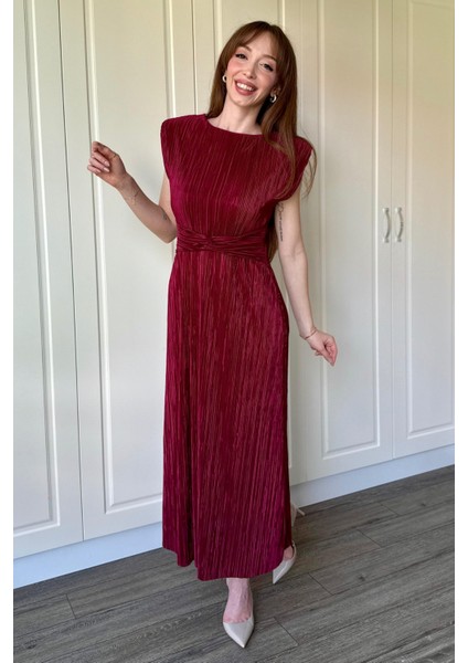 Vatkalı Krinkıl Midi Bel Detaylı Bordo Elbise modelleri