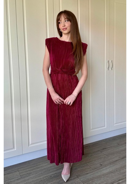 Vatkalı Krinkıl Midi Bel Detaylı Bordo Elbise indirimleri