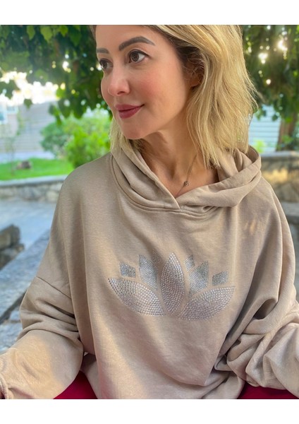 Sand Rengi Lotus Kristal Baskılı Kapüşonlu Sweatshırt
