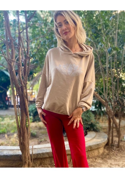 Sand Rengi Lotus Kristal Baskılı Kapüşonlu Sweatshırt fiyatları
