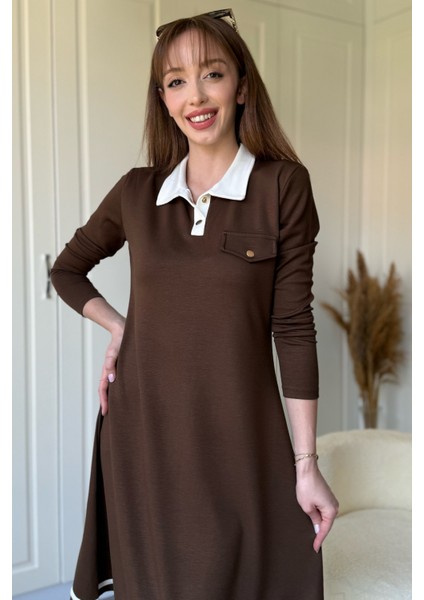 Polo Yaka Uzun Kollu Kahverengi Elbise