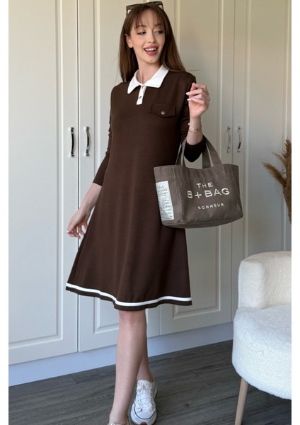 Polo Yaka Uzun Kollu Kahverengi Elbise indirimleri