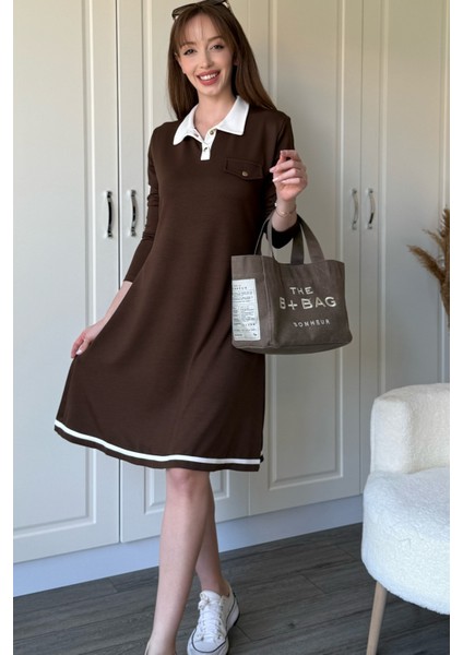 Polo Yaka Uzun Kollu Kahverengi Elbise