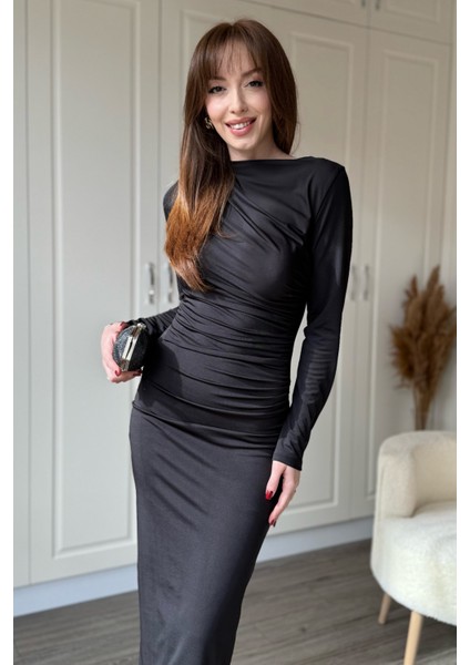 Zarif Drapeli Uzun Kollu Midi Siyah Elbise modelleri