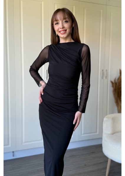 Drapeli Uzun Kollu Siyah Tül Elbise