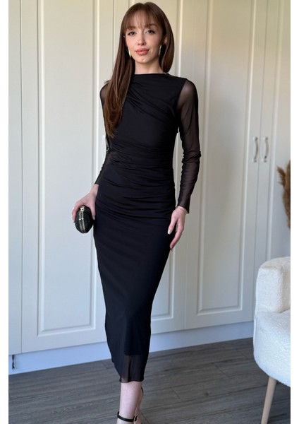 Drapeli Uzun Kollu Siyah Tül Elbise modelleri