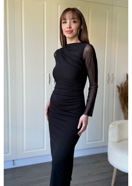 Drapeli Uzun Kollu Siyah Tül Elbise