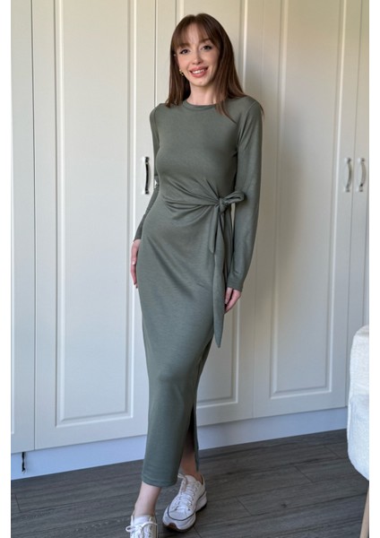 Bağlamalı Modal Uzun Kollu Midi Haki Elbise fırsatları