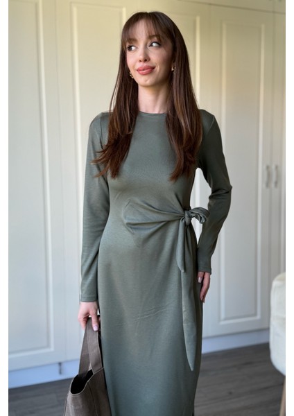 Bağlamalı Modal Uzun Kollu Midi Haki Elbise indirimleri