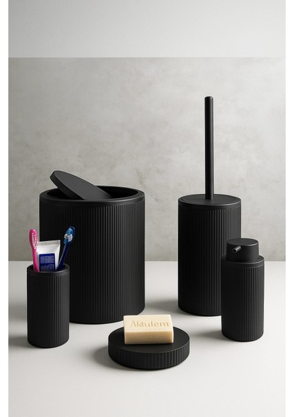 Buğz 5'li Eco Banyo Seti Çöp Kovası Tuvalet Fırçası Sabunluk Diş Fırçalık 5 Parça Siyah Çizgili Yuvarlak