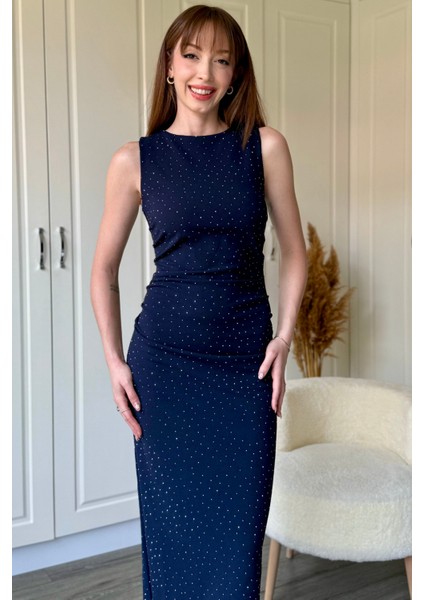 Drapeli Taşlı Midi Lacivert Elbise