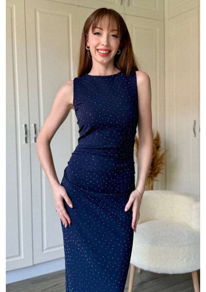 Drapeli Taşlı Midi Lacivert Elbise fiyatları