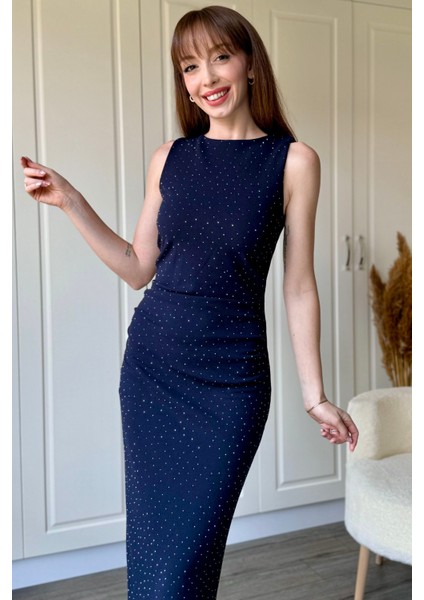 Drapeli Taşlı Midi Lacivert Elbise modelleri