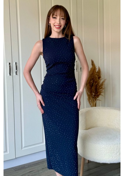 Drapeli Taşlı Midi Lacivert Elbise fırsatları