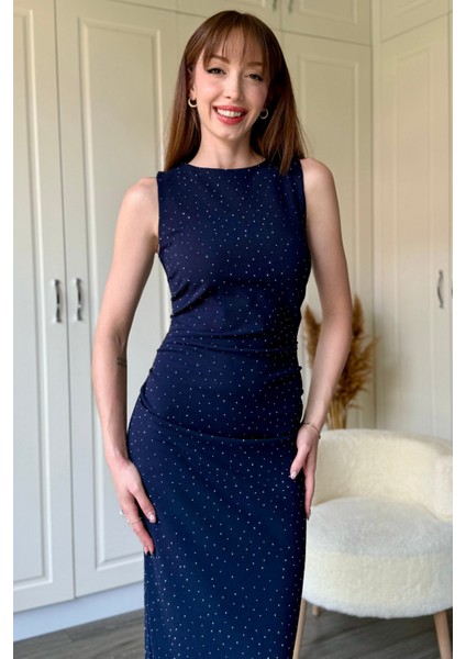 Drapeli Taşlı Midi Lacivert Elbise indirimleri