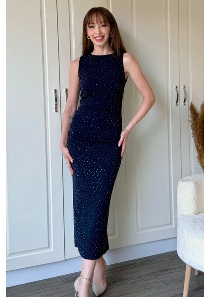 Drapeli Taşlı Midi Lacivert Elbise