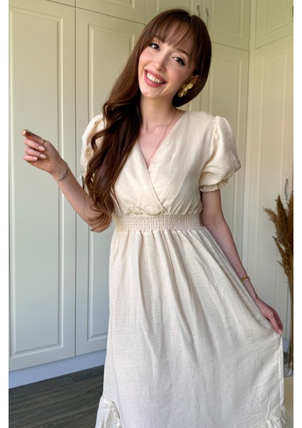 Bej Müslin Kumaş Kısa Kol Elbise