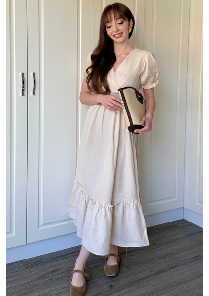 Bej Müslin Kumaş Kısa Kol Elbise modelleri