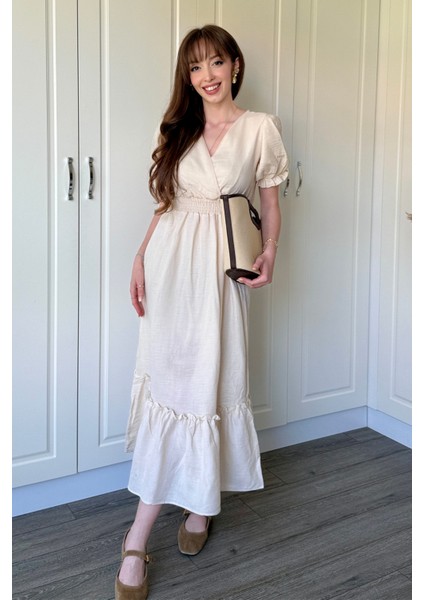 Bej Müslin Kumaş Kısa Kol Elbise indirimleri