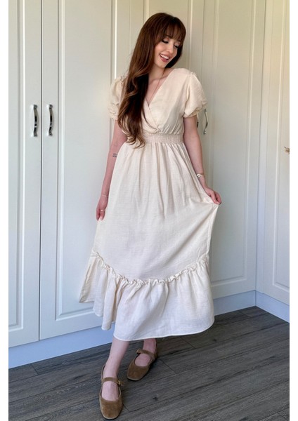 Bej Müslin Kumaş Kısa Kol Elbise