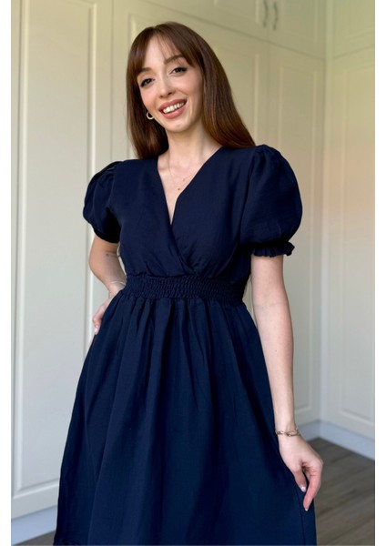 Lacivert Müslin Kumaş Kısa Kol Elbise