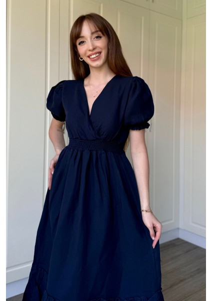 Lacivert Müslin Kumaş Kısa Kol Elbise fiyatları