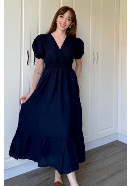 Lacivert Müslin Kumaş Kısa Kol Elbise modelleri