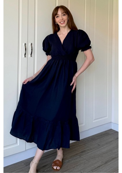 Lacivert Müslin Kumaş Kısa Kol Elbise fırsatları