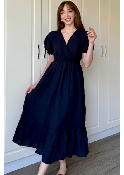 Lacivert Müslin Kumaş Kısa Kol Elbise indirimleri