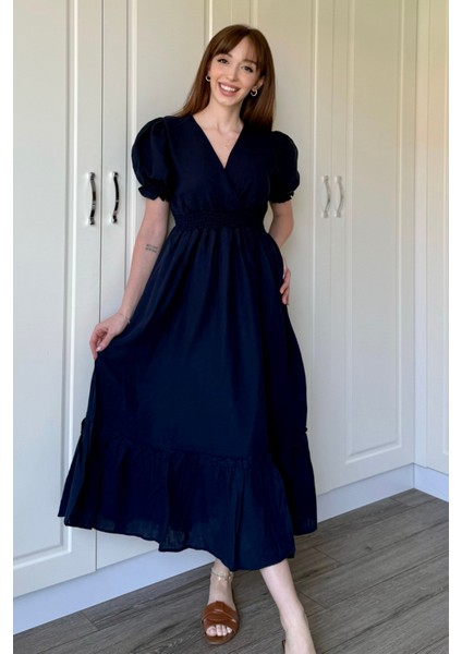 Lacivert Müslin Kumaş Kısa Kol Elbise