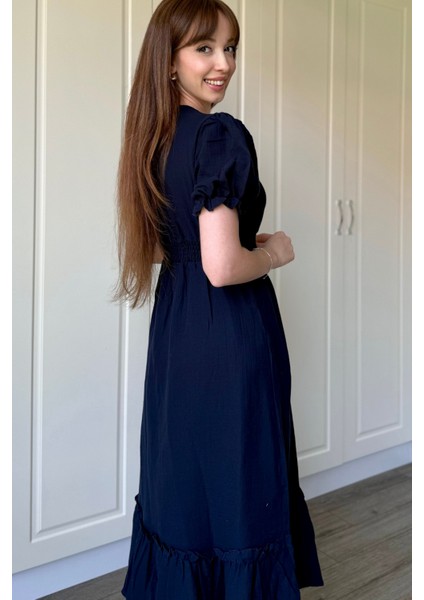 Lacivert Müslin Kumaş Kısa Kol Elbise