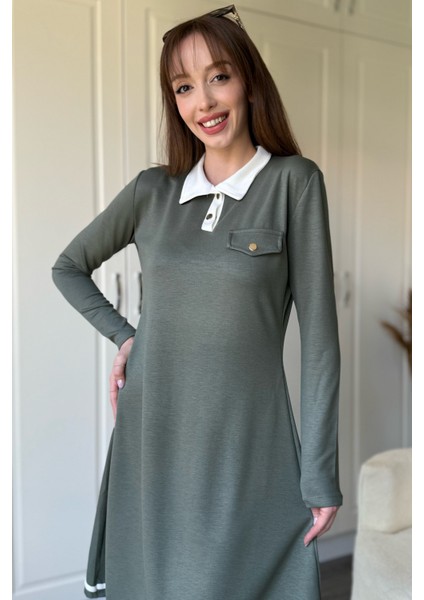 Polo Yaka Uzun Kollu Haki Elbise