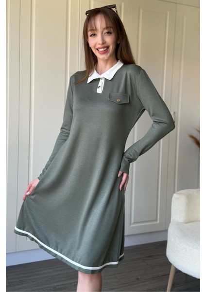 Polo Yaka Uzun Kollu Haki Elbise