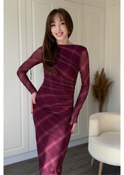 Drapeli Uzun Kol Bordo Çizgili Midi Tül Elbise