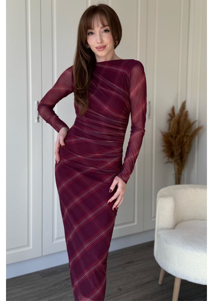 Drapeli Uzun Kol Bordo Çizgili Midi Tül Elbise modelleri