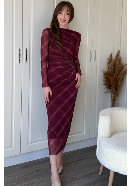 Drapeli Uzun Kol Bordo Çizgili Midi Tül Elbise indirimleri