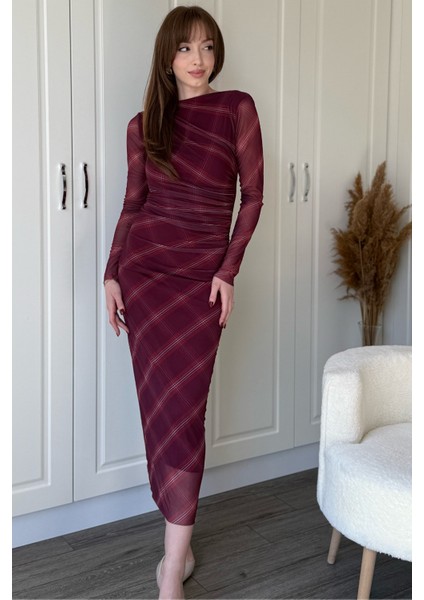 Drapeli Uzun Kol Bordo Çizgili Midi Tül Elbise