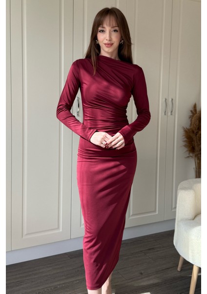 Zarif Drapeli Uzun Kollu Midi Bordo Elbise modelleri