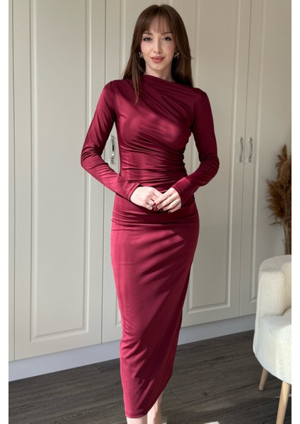 Zarif Drapeli Uzun Kollu Midi Bordo Elbise fırsatları