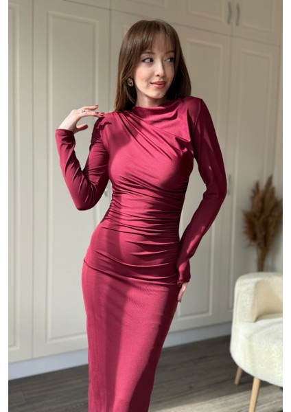 Zarif Drapeli Uzun Kollu Midi Bordo Elbise indirimleri