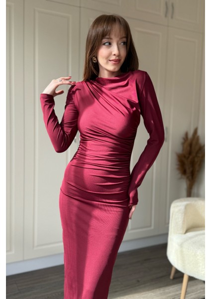 Zarif Drapeli Uzun Kollu Midi Bordo Elbise