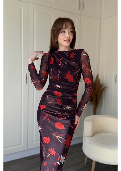 Drapeli Uzun Kol Çiçekli Midi Tül Elbise fiyatları