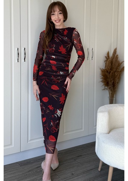 Drapeli Uzun Kol Çiçekli Midi Tül Elbise