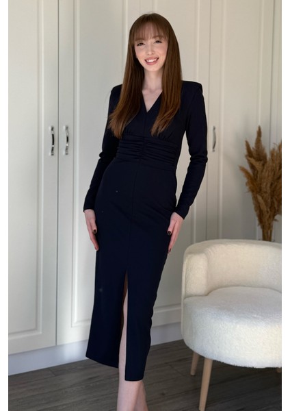 Vatkalı Beli Drapeli Önü Yırtmaçlı Midi Lacivert Elbise fiyatları