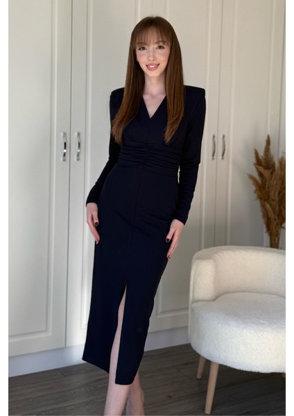 Vatkalı Beli Drapeli Önü Yırtmaçlı Midi Lacivert Elbise modelleri