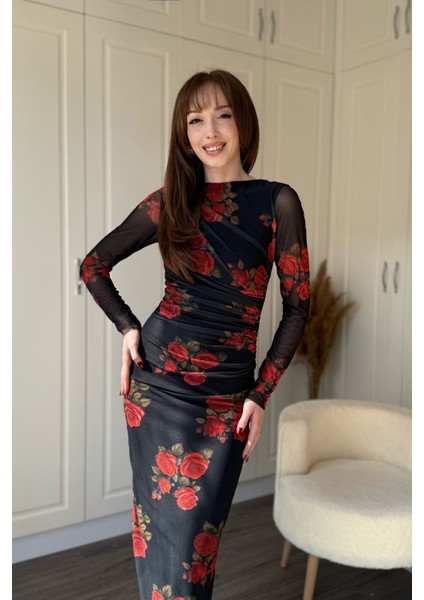 Drapeli Uzun Kol Gül Desenli Midi Tül Elbise