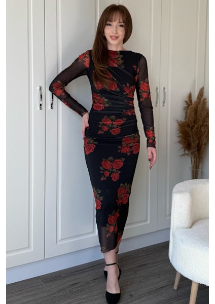 Drapeli Uzun Kol Gül Desenli Midi Tül Elbise modelleri